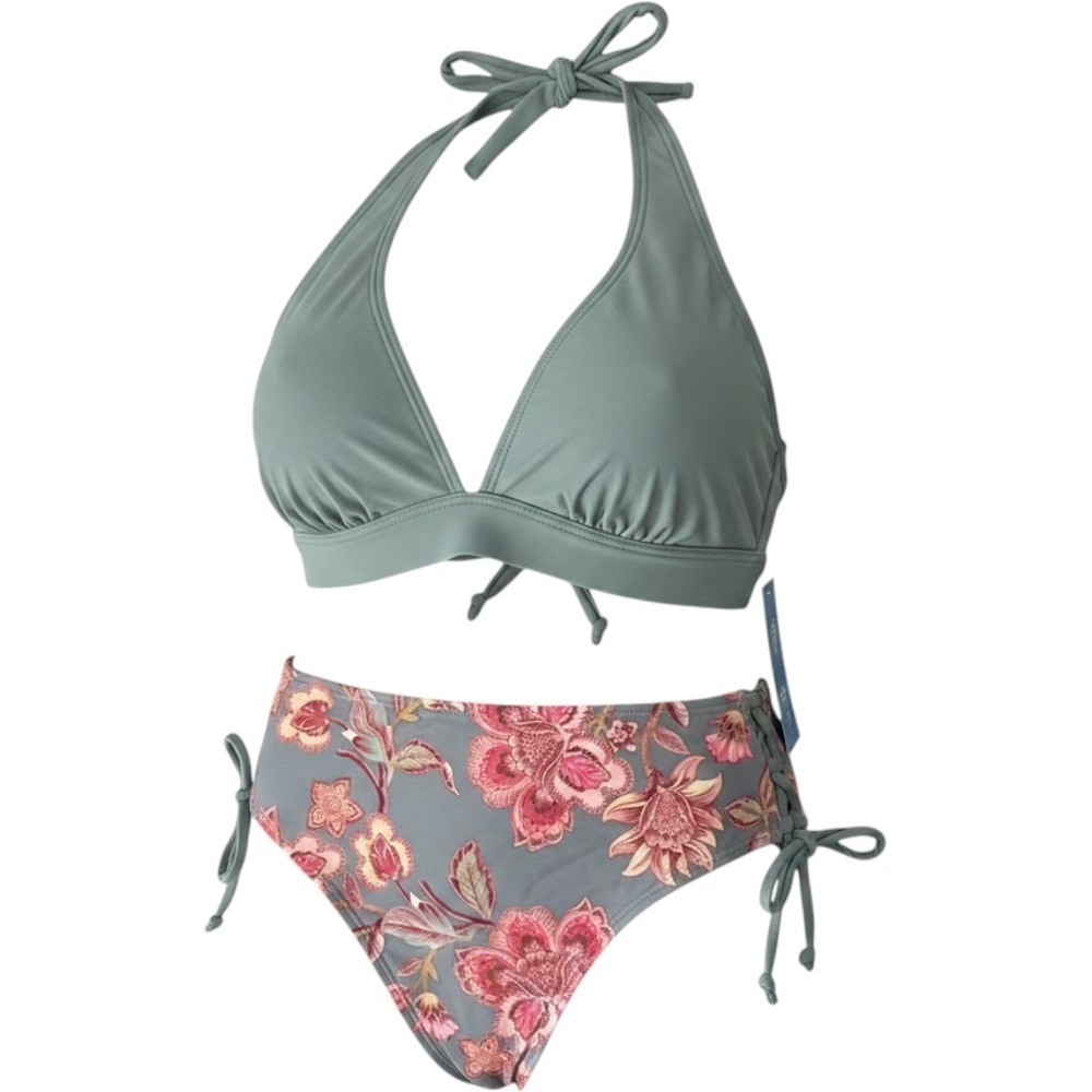 Cupshe Bikini Set Women‎ Small Sage Green Floral Hipster Side Laces New